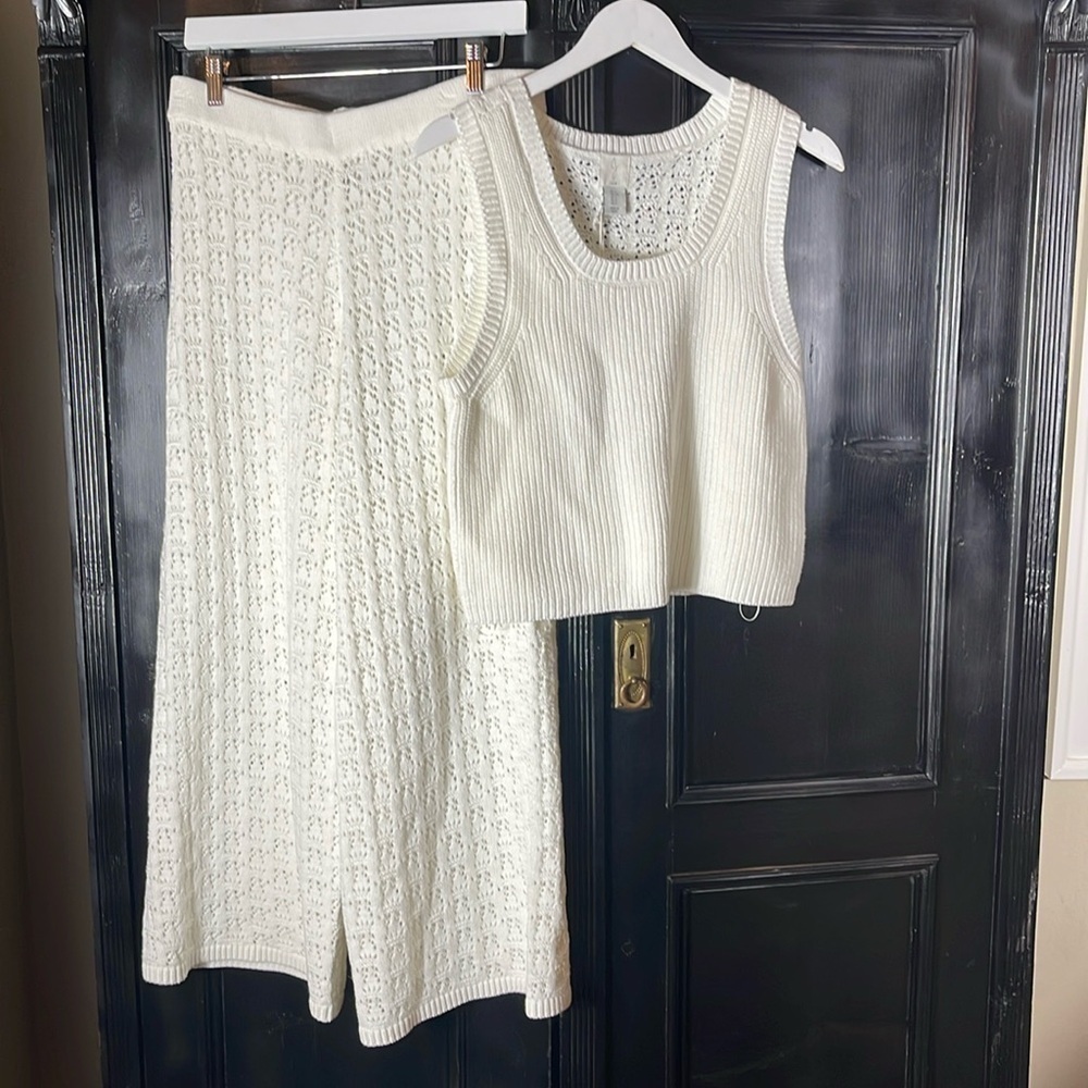 NWT Joie 2 Pc Set Crochet Wide Leg Pants And Tank Top SZ XS SZ L White